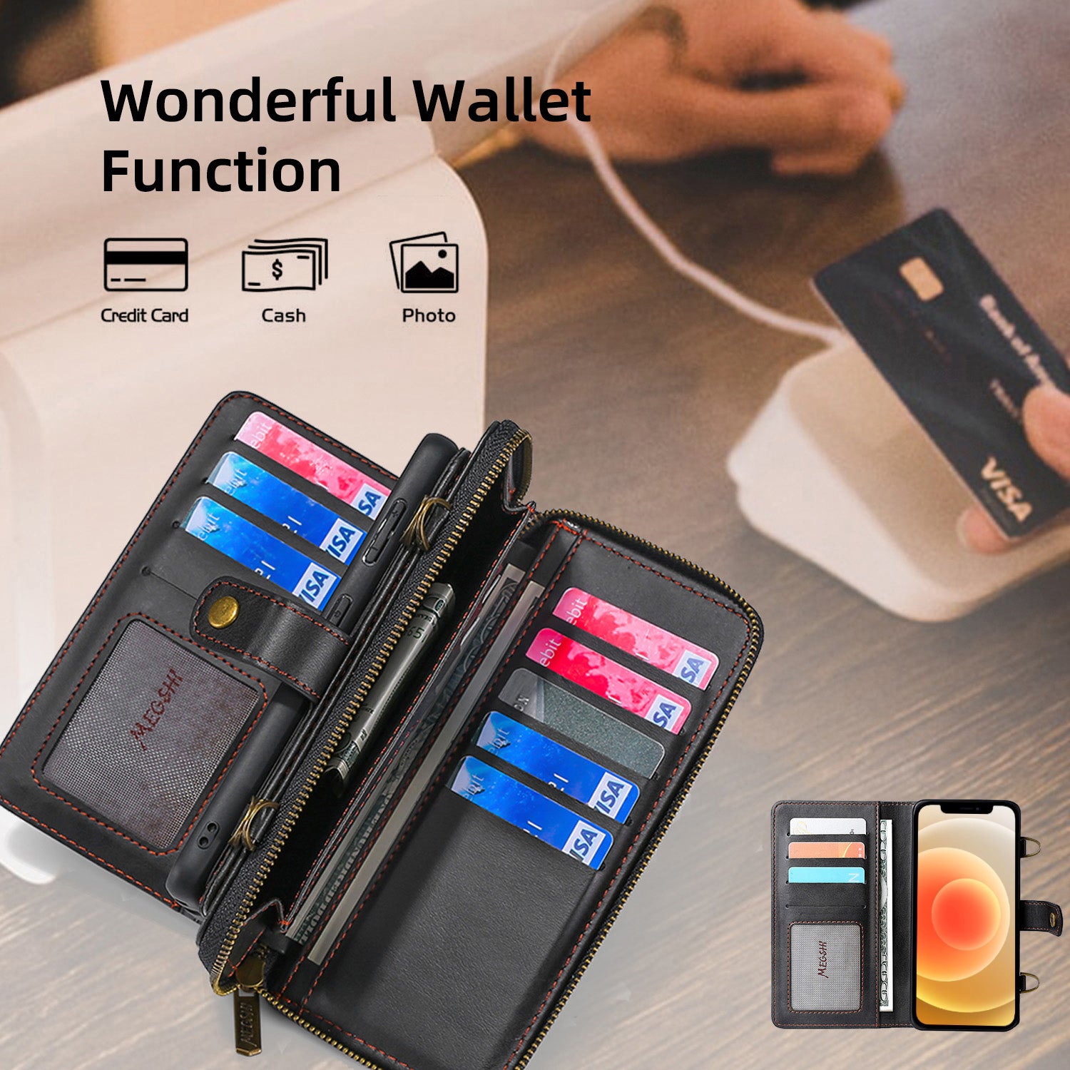 MEGSHI 020 Series for iPhone 12 mini 5.4 inch PU Leather Stand Cover Detachable 2-in-1 Wallet Case with Shoulder Strap MEGSHI 020 Series for iPhone 12 mini 5.4 inch PU Leather Stand Cover Detachable 2-in-1 Wallet Case with Shoulder Strap